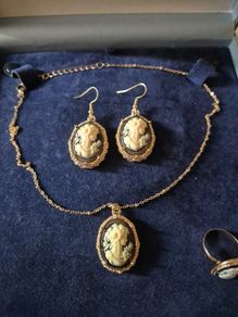 Matching Cameo Set of Cameo Necklace and Earrings + Ring.