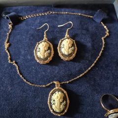 Matching Cameo Set of Cameo Necklace and Earrings + Ring.