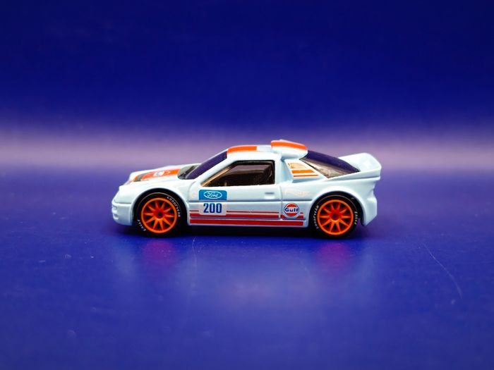 Hot Wheels Ford RS200 with custom wheels.