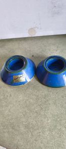 Vintage set of 2 blue glazed pottery tea light candle holders crafted by Louis Mulcahy Pottery on the Dingle Peninsula in Ireland.