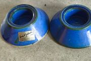 Vintage set of 2 blue glazed pottery tea light candle holders crafted by Louis Mulcahy Pottery on the Dingle Peninsula in Ireland.