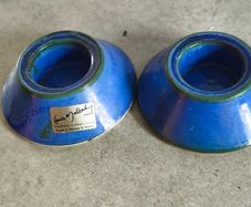 Vintage set of 2 blue glazed pottery tea light candle holders crafted by Louis Mulcahy Pottery on the Dingle Peninsula in Ireland.