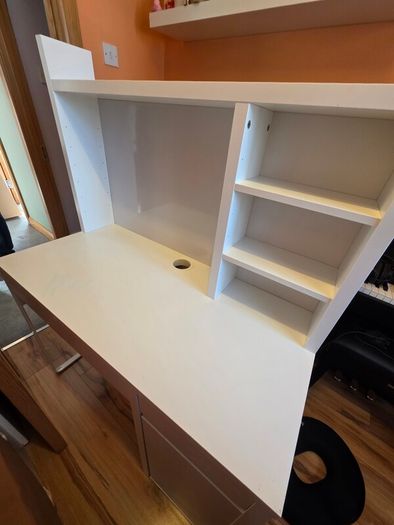 IKEA MICKE White Desk with Shelving Unit, Whiteboard & Storage - Excellent Condition
