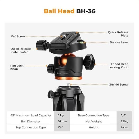 K&F CONCEPT Portable Lightweight Tripod Remote Bluetooth 190 cm S255A3+BH-36 Selfie Stick Stand Spherical Head DSLR Camera Optics Binoculars Clip Holder Mobile Phone Tablet Astronomy Telescope Projector