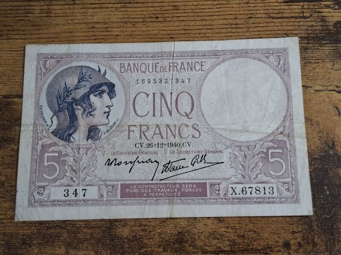France, 5 Francs 1940 banknote, circulated - free standard postage
