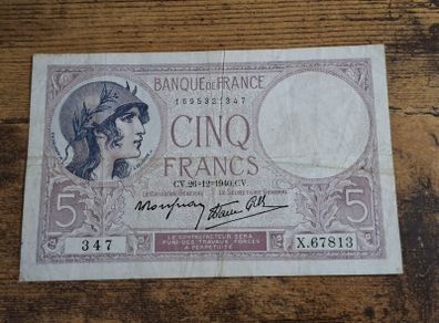 France, 5 Francs 1940 banknote, circulated - free standard postage