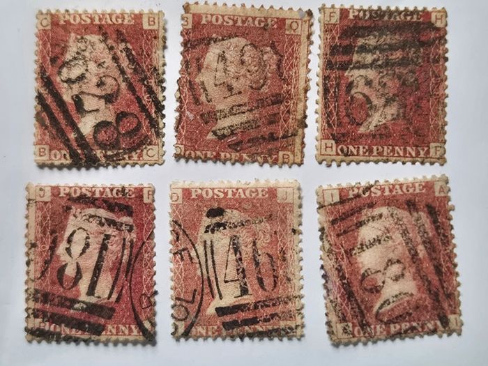 Great Britain Queen Victoria Penny Red Selection. 6 Used Plated Singles. Plates 80, 120, 138, 146, 156, 181. P1F2
