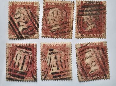 Great Britain Queen Victoria Penny Red Selection. 6 Used Plated Singles. Plates 80, 120, 138, 146, 156, 181. P1F2