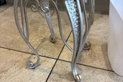 Silver metal square shape plant stand with matching white plastic pot