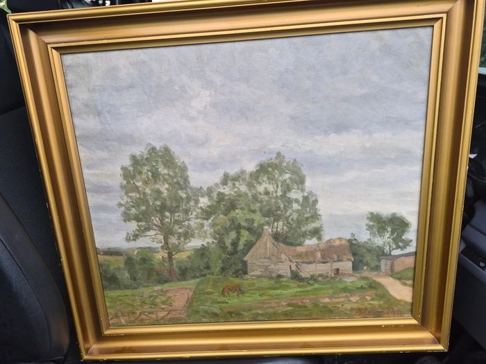 5 old antique painting 4 on canvas & 3 old copper kettles