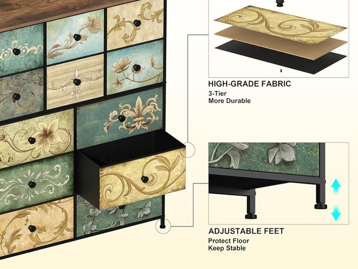 Fabric Chest of Drawers, Vintage 12 Drawer Tall Dresser with Floral Print, Rustic Boho Style Dresser Storage Cabinet for Bedroom, Hallway, Living Room