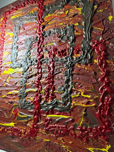 Original "666" Red Textured Abstract Oil Painting 41x51cm - Signed Monogram (yet, unknown artist)