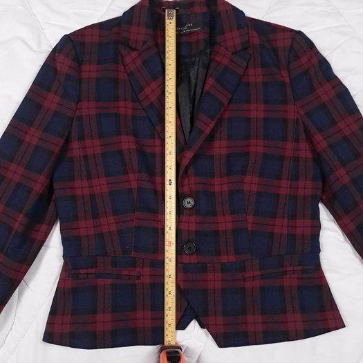 Zara Burgundy Red & Navy Blue Tartan Plaid Tailored Blazer Jacket Size L