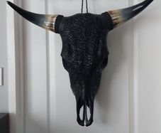 Carved Black Bull Skull
