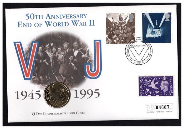 1995 England Mercury Cover Commemorating 50th anniversary of the End of the Second World War / VJ (Japan) Philatelic Numismatic Cover (PNC)