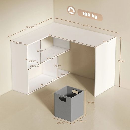 Modern Corner Desk with Shelf and Fabric Drawer, 110x100x75 cm, White