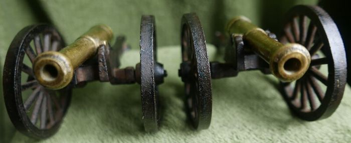 Vintage Brass and Cast Iron Cannons - Moving Wheels - Adjustable Mini Cannon - Set of 2