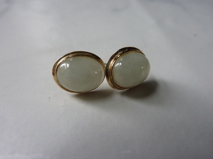 9ct Gold Jade Stud Earrings, Sterling Silver Backs, 1.4g