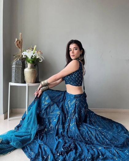 Navy Blue Lehenga Choli with Embroidery & Sequence Work - Un stitched (Size: XS-S-M-L)