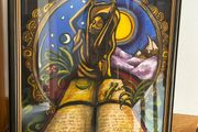 Vintage Framed Fantasy Painting of Mystical Figure With Book, Gecko &amp; Moon