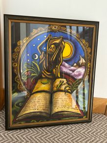 Vintage Framed Fantasy Painting of Mystical Figure With Book, Gecko & Moon