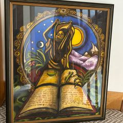 Vintage Framed Fantasy Painting of Mystical Figure With Book, Gecko & Moon