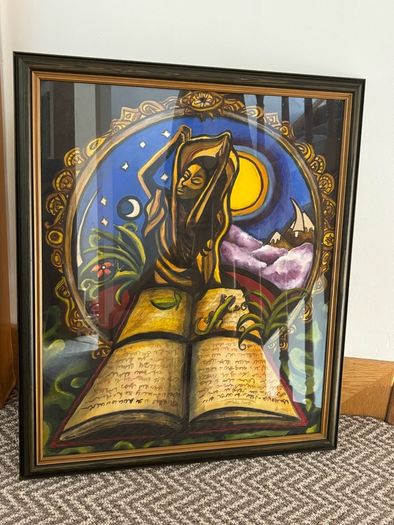Vintage Framed Fantasy Painting of Mystical Figure With Book, Gecko & Moon