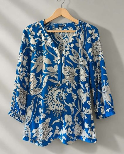 Warehouse Royal Blue Floral Zip Neck Viscose Blouse Uk 12