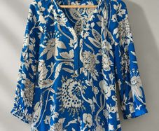Warehouse Royal Blue Floral Zip Neck Viscose Blouse Uk 12