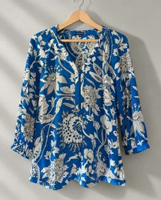 Warehouse Royal Blue Floral Zip Neck Viscose Blouse Uk 12