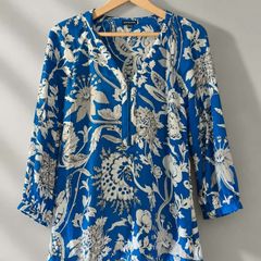 Warehouse Royal Blue Floral Zip Neck Viscose Blouse Uk 12
