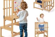 3-In-1 Toddler Kitchen Stool Helper  Convertible Standing Tower With Whiteboard for Kids Childrens Bathroom Kitchen Counter Helper Mothers' Helper Tower Learning Stool (Natural)