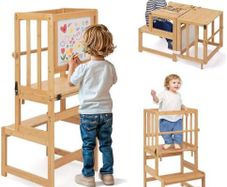 3-In-1 Toddler Kitchen Stool Helper  Convertible Standing Tower With Whiteboard for Kids Childrens Bathroom Kitchen Counter Helper Mothers' Helper Tower Learning Stool (Natural)