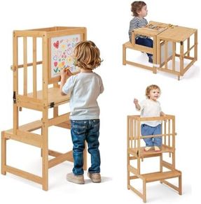 3-In-1 Toddler Kitchen Stool Helper  Convertible Standing Tower With Whiteboard for Kids Childrens Bathroom Kitchen Counter Helper Mothers' Helper Tower Learning Stool (Natural)