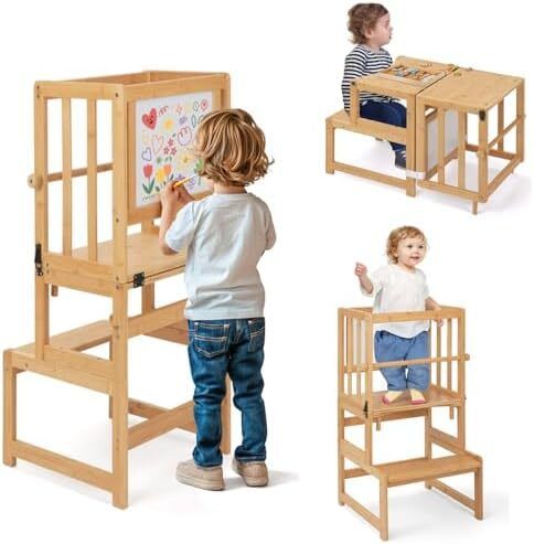 3-In-1 Toddler Kitchen Stool Helper  Convertible Standing Tower With Whiteboard for Kids Childrens Bathroom Kitchen Counter Helper Mothers' Helper Tower Learning Stool (Natural)