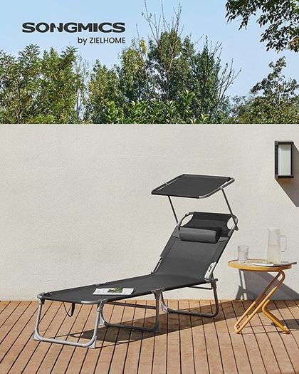 Sun Lounger, Deck Chair Folding, Sunbed, 193 x 53 x 29 cm, Max. Load 150 kg, with Sunshade Headrest Adjustable Backrest, Reclining Sun Chair for Terrace Pool Garden, Dark Grey (FREE POSTAGE)