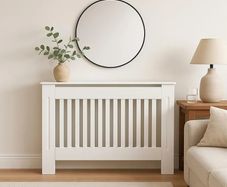Arlington Radiator Cover White - Medium - Modern Shaker Style Vertical Slat Design For Optimal Heat Circulation - H83.3xW111xD19cm - Painted MDF Cabinet with Wood Top Shelf