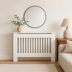 Arlington Radiator Cover White - Medium - Modern Shaker Style Vertical Slat Design For Optimal Heat Circulation - H83.3xW111xD19cm - Painted MDF Cabinet with Wood Top Shelf
