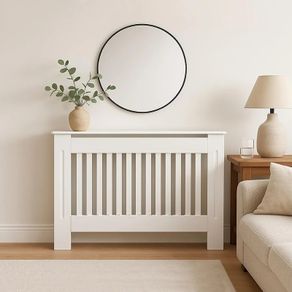 Arlington Radiator Cover White - Medium - Modern Shaker Style Vertical Slat Design For Optimal Heat Circulation - H83.3xW111xD19cm - Painted MDF Cabinet with Wood Top Shelf