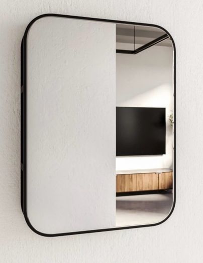 Mirror - Rectangular Black Metal Mirror with discreet open shelving