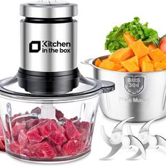 Kitchen in the box 2L+2L Electric Food Processors & Chopper with 304 Stainless Steel Container and Glass Container, 2 Speed Settings, 4 Stainless Steel Blades for Chopping Meat, Baby Food, Vegetable