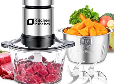 Kitchen in the box 2L+2L Electric Food Processors & Chopper with 304 Stainless Steel Container and Glass Container, 2 Speed Settings, 4 Stainless Steel Blades for Chopping Meat, Baby Food, Vegetable