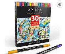 Arteza Dual Tip Fabric Markers Art Supply Set - 30 Colours