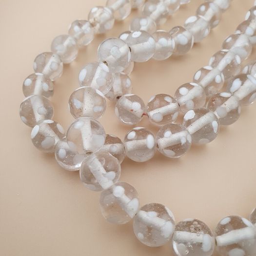 Vintage Clear White Dotted Glass Beads Strands 12-13mm Beads Length 22 inches