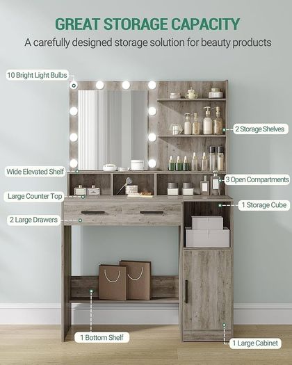 Vanity Desk with Mirror and 10 LED Lights, Makeup Vanity with 3 Shelves & 4 Open Compartments, Dressing Table with 2 Drawer & Cabinet, 3 Adjustable Lighting Brightness,Greige