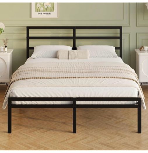 Metal Double Bed Frame with Headboard and Footboard | Fits 135 x 190 cm Mattress, Steel Slats Support, 30 cm Storage Space Underbed, Noise Free, Easy Assembly, Black