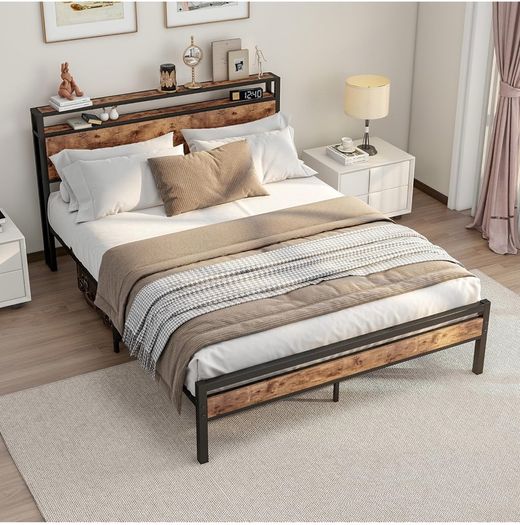 King Size Bed Frame with Storage Wooden Headboard