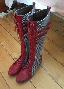 BRAND NEW Red and White Tall Knee Boots, Size 40