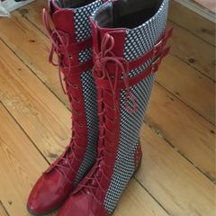 BRAND NEW Red and White Tall Knee Boots, Size 40