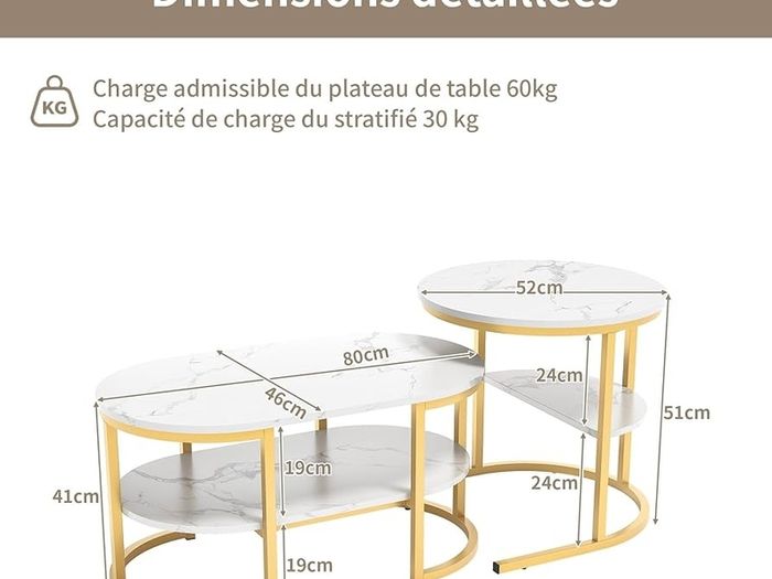 Set of 2 Elegant Coffee Tables with Practical Storage, Marble Design and Metal Frame, White and Gold Living Room Tables Gold